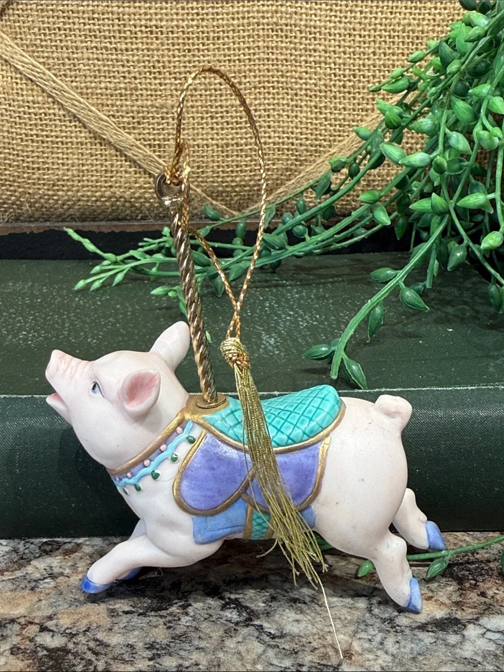 Lenox Pink Pig Carousel Ornament with Teal Saddle and Gold Trim